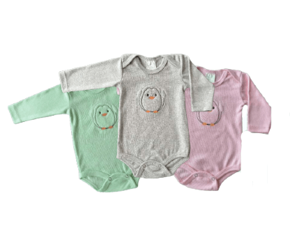 KIT BODY MANGA LONGA CANELADO - 3 UNIDADES - PINGUIM - TAMANHO RN AO G # 0123 - BAA BAA