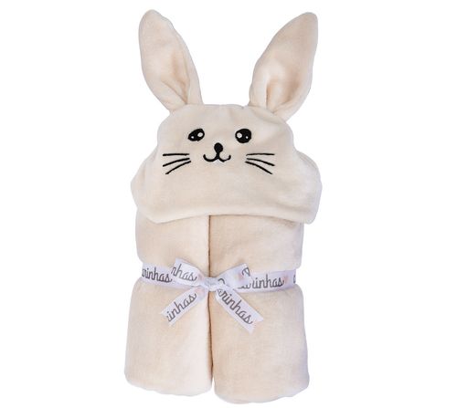 COBERTOR FLANNEL COM CAPUZ BORDADO - 110CM X 90CM - COELHINHO # 500309 - MINASREY