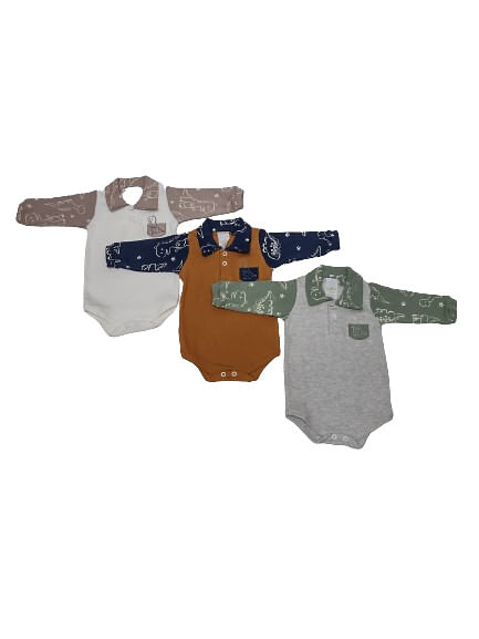 KIT BODY POLO MANGA LONGA - 3 UNIDADES - TAMANHO RN AO G # 20.113 - LE&MA