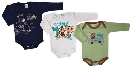 KIT BODY MANGA LONGA - MASCULINO - 3 UNIDADES - TAMANHO RN AO G #2156 - MUB