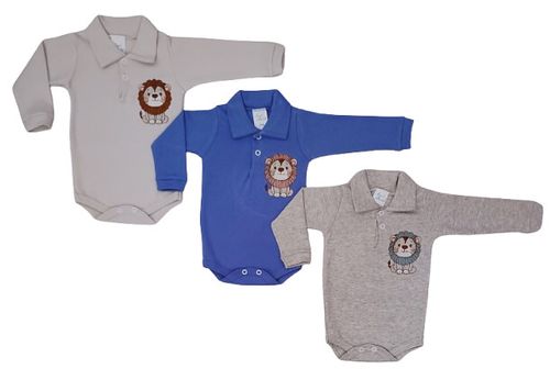 KIT BODY POLO MANGA LONGA - 3 UNIDADES - TAMANHO RN AO G # 10.131 - AZUL BEBÊ