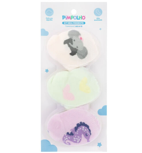 KIT MEIA PRESENTE - FEMININO  - 3 PARES -TAMANHO 00 A 15 # 0300981 - PIMPOLHO