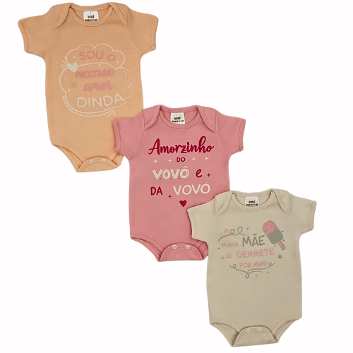 KIT BODY MANGA CURTA  - 3 UNIDADES - TAMANHO RN AO G #1328P - BEBE PRECIOSO