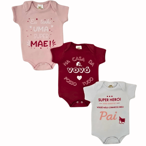 KIT BODY MANGA CURTA  - 3 UNIDADES - TAMANHO RN AO G #1329P - BEBE PRECIOSO