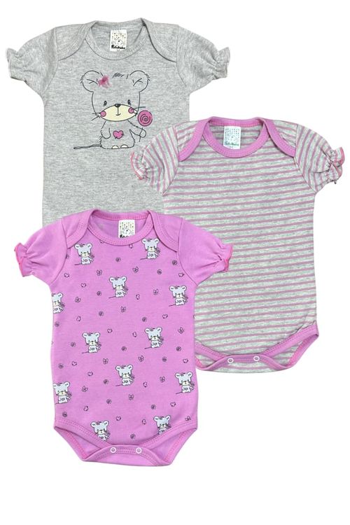 KIT BODY MANGA CURTA - FEMININO - 3 UNIDADES - TAMANHO RN AO EG # 8697 - PETUTINHA