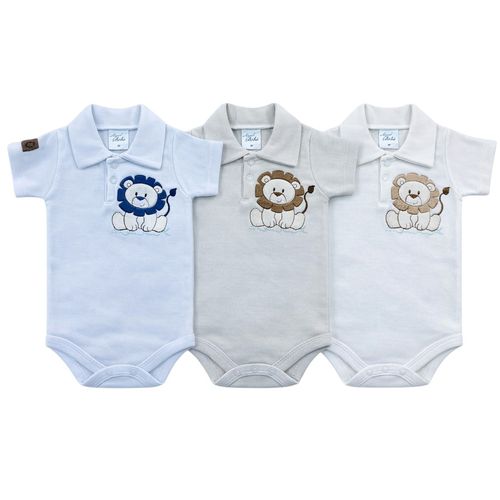 KIT BODY POLO MANGA CURTA - 3 UNIDADES - TAMANHO RN AO G # 10.152 - AZUL BEBE