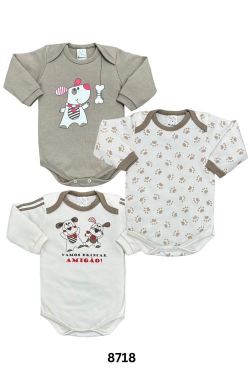 KIT  BODY MANGA LONGA - MASCULINO -  3 UNIDADES - TAMANHO RN AO EG # 8718 - PETUTINHA