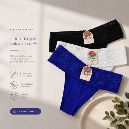 KIT TANGA CONFORT RENDA - 3 UNIDADES - TAMANHO P AO GG # 162 - ROSASTYL