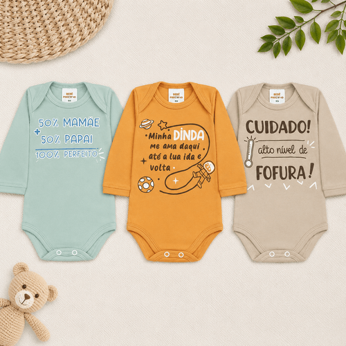 KIT BODY MANGA LONGA  - 3 UNIDADES - TAMANHO RN AO G #1396P - BEBÊ PRECIOSO