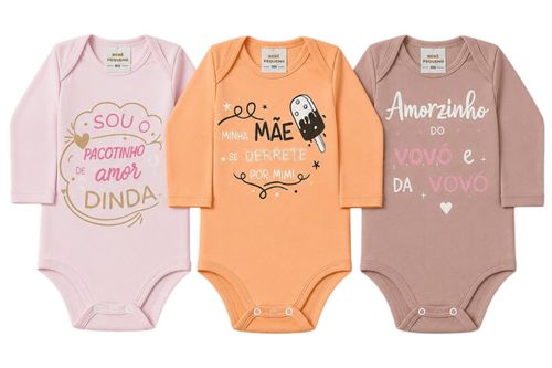 KIT BODY MANGA LONGA  - 3 UNIDADES - TAMANHO RN AO G #1395P - BEBÊ PRECIOSO