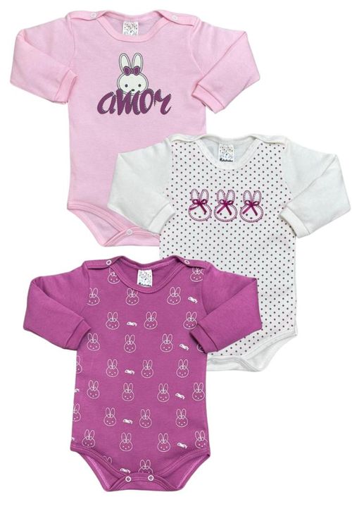 KIT BODY MANGA LONGA - FEMININO - 3 UNIDADES - TAMANHO RN AO EG # 8781 - PETUTINHA