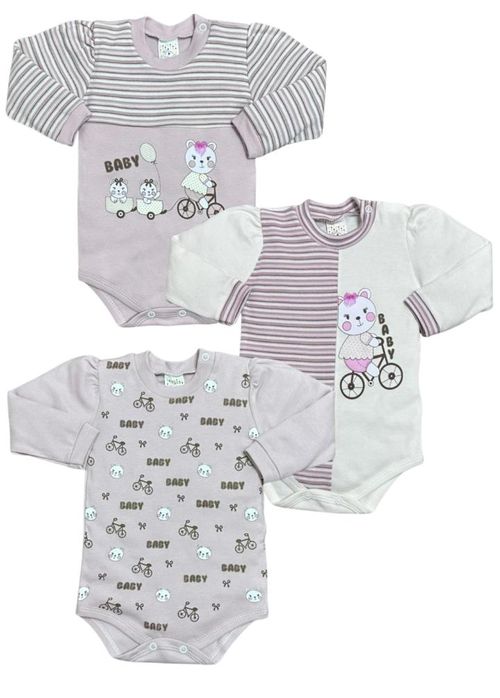 KIT BODY MANGA LONGA - FEMININO - 3 UNIDADES - TAMANHO RN AO EG # 8746 - PETUTINHA
